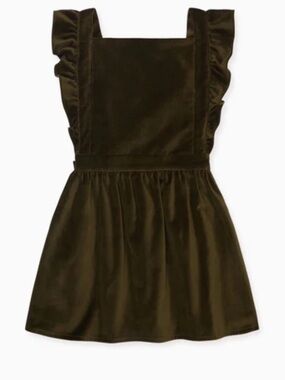 Girls Olive Green Velvet Ruffle Strap Pinafore Dress